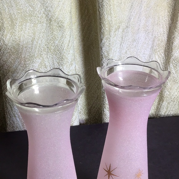 Rare atomic gold stars pink sugar glass vase pair with flared scalloped tops - Picture 10 of 13